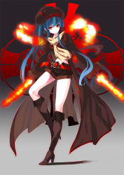 Rule 34 | 1girl, akanagi youto, bad id, bad pixiv id, belt, blue hair, boots, coat, dual wielding, fire, flaming sword, flaming weapon, hat, high boots, high heel boots, high heels, holding, knee boots, long hair, magic, midriff, pixiv fantasia, pixiv fantasia 5, red eyes, scarf, shorts, solo