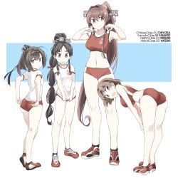 Rule 34 | 4girls, ahoge, akizuki (kancolle), alternate costume, black hair, blue eyes, brown eyes, brown hair, buruma, character name, cherry blossoms, chiyoda (kancolle), clothes writing, commentary request, flower, gym uniform, hachimaki, hair flower, hair ornament, hair tie, headband, headgear, high ponytail, kantai collection, long hair, looking at viewer, looking to the side, midriff, multi-tied hair, multiple girls, navel, nisshin (kancolle), ponytail, red buruma, red footwear, red ribbon, ribbon, shigino sohuzi, shoes, short eyebrows, short hair, sneakers, sports bikini, sports bra, standing, thick eyebrows, very long hair, yamato (kancolle)