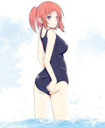 Rule 34 | 1girl, adjusting clothes, adjusting swimsuit, ass, blue eyes, blush, breasts, female focus, from behind, large breasts, looking at viewer, mikakunin de shinkoukei, one-piece swimsuit, pink hair, purple eyes, ryuu., school swimsuit, short hair, simple background, solo, swimsuit, twintails, two side up, wading, water, yonomori kobeni