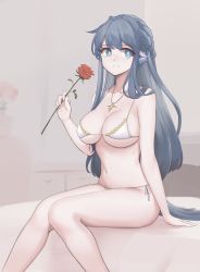 Rule 34 | 1girl, absurdres, arknights, astesia (arknights), bare arms, bare legs, bare shoulders, bed sheet, bikini, bird girl, bird tail, black ribbon, blue eyes, blue hair, braid, bright pupils, collarbone, commission, feet out of frame, flower, folait, highres, holding, holding flower, indoors, jewelry, long hair, microphone, navel, necklace, on bed, red flower, red rose, ribbon, rose, side-tie bikini bottom, sitting, solo, stomach, swimsuit, tail, very long hair, white bikini