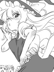 Rule 34 | 1girl, ;o, apron, blush, female focus, greyscale, hat, kirisame marisa, kiss, looking at viewer, monochrome, nishiki (soroneko), one eye closed, parted lips, simple background, solo, solo focus, touhou, waist apron, white background, witch hat