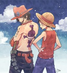 2boys aco_peda arm_tattoo back_tattoo belt black_hair blue_shorts cloud commentary_request cowboy_shot elbow_pads freckles hands_on_own_hips hat jewelry jolly_roger male_focus monkey_d._luffy multiple_boys necklace one_piece orange_belt orange_hat pearl_necklace portgas_d._ace red_shirt scar scar_on_face shirt shorts signature single_elbow_pad sky sleeveless sleeveless_shirt smile straw_hat tattoo topless_male whitebeard_pirates_jolly_roger