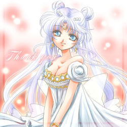 Rule 34 | 1990s (style), 1girl, bare shoulders, bishoujo senshi sailor moon, blue eyes, breasts, cleavage, crescent, crescent facial mark, double bun, dress, facial mark, forehead mark, hair ornament, hairpin, large breasts, long hair, lowres, princess serenity, retro artstyle, shirataki kaiseki, smile, solo, strapless, strapless dress, thank you, tsukino usagi, twintails, v arms, white dress, white hair