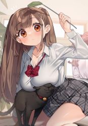 Rule 34 | 1girl, arm support, bell, black cat, blush, bow, bowtie, breast press, breasts, brown eyes, brown hair, cat, closed mouth, collared shirt, commentary request, grey shirt, hand up, highres, holding, indoors, jingle bell, kodama (sakura yuki), large breasts, leaf fan, long hair, looking at viewer, original, plaid, plaid skirt, pleated skirt, red bow, red bowtie, sakura yuki (clochette), school uniform, shirt, skirt, solo focus, sweatdrop, very long hair, white shirt
