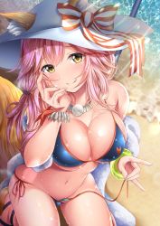 Rule 34 | 1girl, :q, animal ears, bad id, bad twitter id, bare shoulders, beach, bikini, blue bikini, blush, bow, breasts, cleavage, closed mouth, collarbone, day, ears through headwear, fate/grand order, fate (series), fingernails, fox ears, fox tail, garana, groin, hand on own face, hand up, hat, hat bow, head tilt, highres, kneeling, large breasts, lens flare, light rays, long fingernails, long hair, looking at viewer, naughty face, navel, orange ribbon, outdoors, pink hair, ribbon, sand, shiny skin, side-tie bikini bottom, skindentation, smile, solo, sparkle, starfish, stomach, string bikini, striped, striped bow, sun hat, sunbeam, sunlight, swimsuit, tail, tamamo (fate), tamamo no mae (fate/extra), tamamo no mae (swimsuit lancer) (fate), tamamo no mae (swimsuit lancer) (third ascension) (fate), tareme, tongue, tongue out, untied bikini, water, water drop, wet, wet hair, white hat, yellow eyes