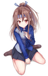Rule 34 | 1girl, ankle boots, black skirt, blue ribbon, blue shirt, boots, brown footwear, brown hair, employee uniform, hachimaki, headband, high ponytail, highres, japanese clothes, kantai collection, long hair, looking at viewer, official alternate costume, ponytail, red eyes, ribbon, shirt, simple background, sitting, skirt, skirt tug, smile, solo, striped clothes, striped ribbon, striped shirt, taro (ultrataro), uniform, vertical stripes, wariza, white background, white ribbon, zuihou (kancolle)