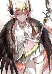 Rule 34 | 1girl, aqua eyes, armlet, bare shoulders, belt, bracelet, breasts, circe (fate), circlet, fate/grand order, fate (series), feathered wings, head wings, highres, jewelry, kino kokko, long hair, looking at viewer, necklace, pink hair, pointy ears, shirt, sidelocks, skirt, sleeveless, sleeveless shirt, small breasts, smile, solo, staff, thighlet, thighs, white shirt, white skirt, wings