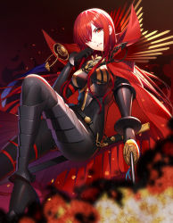 Rule 34 | 1girl, black bodysuit, black footwear, black gloves, blurry, blurry foreground, blush, bodysuit, boots, breasts, cape, commentary request, depth of field, fate/grand order, fate (series), fire, gloves, hair over one eye, high heel boots, high heels, highres, holding, holding sword, holding weapon, katana, knee up, long hair, looking at viewer, medium breasts, oda nobunaga (fate), oda nobunaga (koha-ace), oda nobunaga (maou avenger) (fate), parted lips, red cape, red eyes, red hair, ririko (zhuoyandesailaer), solo, sword, v-shaped eyebrows, very long hair, weapon