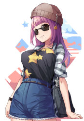 Rule 34 | + +, 1girl, arms at sides, bag, beanie, black-framed eyewear, black shirt, blunt bangs, breasts, brown eyes, brown hat, buttons, charm (object), closed mouth, collarbone, cowboy shot, cutoffs, denim, denim shorts, handbag, hat, head tilt, highres, jacket, jewelry, large breasts, looking at viewer, necklace, open clothes, open jacket, original, over shoulder, saiste, shirt, shirt tucked in, short sleeves, shorts, smile, solo, standing, star (symbol), star print, striped clothes, striped jacket, sunglasses