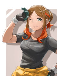 Rule 34 | 1girl, ;), black shirt, breasts, brown hair, closed mouth, clothes around waist, collarbone, commentary request, creatures (company), eyelashes, game freak, gloves, green eyes, hair bun, hand on own hip, hand up, highres, itsudzumi, medium breasts, multicolored hair, nintendo, one eye closed, orange hair, orla (pokemon), parted bangs, pokemon, pokemon (anime), pokemon horizons, shirt, short sleeves, sidelocks, smile, solo, t-shirt