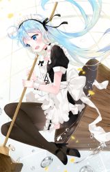 Rule 34 | 1girl, apron, bad id, bad twitter id, black thighhighs, blue eyes, blue hair, blush, bucket, bucket of water, commentary request, fang, frilled apron, frilled thighhighs, frills, from side, holding, liby (libtnvd), long hair, looking to the side, maid, maid headdress, mary janes, mop, open mouth, original, puffy short sleeves, puffy sleeves, shoes, short sleeves, smile, solo, thighhighs, waist apron, water drop, wooden bucket
