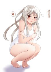 Rule 34 | 1girl, bare legs, brown eyes, covering privates, covering breasts, crossed arms, embarrassed, full body, hair between eyes, heart, highres, ishida arata, kantai collection, kikuzuki (kancolle), looking at viewer, one-piece swimsuit, school swimsuit, shadow, simple background, solo, squatting, swimsuit, twitter username, white background, white hair, white one-piece swimsuit