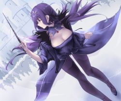 Rule 34 | 1girl, breasts, brooch, castle, cleavage, closed mouth, den (kur0 yuki), detached collar, dress, electricity, facing viewer, fate/grand order, fate (series), floating hair, fur trim, gem, hand up, highres, holding, holding wand, jewelry, large breasts, long hair, looking away, looking to the side, outdoors, pantyhose, profile, purple dress, purple eyes, purple hair, purple pantyhose, scathach (fate), scathach skadi (fate), solo, tiara, wand, water, wide sleeves, wind, wind lift