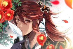 Rule 34 | 1boy, akai higasa, bad id, bad twitter id, feathers, fire emblem, fire emblem fates, fire emblem heroes, flower, holding, leaf, long hair, looking at viewer, male focus, nintendo, petals, red eyes, red hair, smile, solo, subaki (fire emblem), upper body, white background