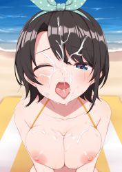 Rule 34 | 1girl, beach, black hair, blue eyes, blush, breasts, breasts squeezed together, cum, cum in mouth, cum on body, cum on breasts, cum on tongue, cum on upper body, fuji yoshida, hair ribbon, highres, hololive, medium breasts, nipples, one eye closed, oozora subaru, open mouth, ribbon, short hair, solo, tongue, tongue out, upper body, virtual youtuber
