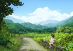 Rule 34 | 1girl, blue flower, blue sky, brown footwear, brown hair, brown shorts, bush, child, cloud, commentary, day, english commentary, field, flower, forest, grass, mountain, mountainous horizon, nature, original, outdoors, path, profile, reengirl, road, scenery, shade, shadow, shirt, shoes, short hair, short sleeves, short twintails, shorts, sitting, sky, socks, solo, t-shirt, tree, twintails, white shirt, white socks, yellow flower