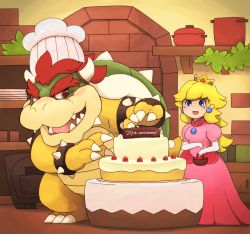 Rule 34 | 1boy, 1girl, anniversary, armband, basket, blonde hair, blue eyes, bowser, cake, chef hat, claws, crown, dress, earrings, food, fruit, hat, horns, jewelry, long hair, mario (series), monster, nintendo, open mouth, princess peach, red eyes, smile, spikes, strawberry, super mario bros. 1, teeth