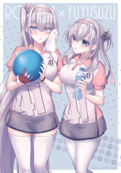 2boys 2girls ball blue_eyes blush bottle bowling_ball bowling_glove breasts collared_shirt fuyutsuki_(kancolle) gloves grey_hair grey_skirt hair_between_eyes hair_ribbon headband headgear highres holding holding_ball kabocha_torute kantai_collection large_breasts long_hair multiple_boys multiple_girls official_alternate_costume one_side_up pantyhose parted_lips partially_fingerless_gloves red_gloves ribbon shirt short_sleeves simple_background single_glove skirt suzutsuki_(kancolle) sweat thighhighs very_long_hair water_bottle white_pantyhose white_thighhighs wiping_sweat