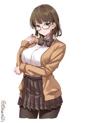 Rule 34 | 1girl, alternate costume, arm under breasts, bespectacled, black-framed eyewear, black bow, black pantyhose, blush, bow, breasts, brown cardigan, brown eyes, brown hair, brown skirt, cardigan, collared shirt, commentary request, cowboy shot, cropped legs, ebifurya, glasses, highres, kantai collection, large breasts, light blush, long sleeves, medium hair, open cardigan, open clothes, open mouth, pantyhose, parted lips, pleated skirt, roma (kancolle), shirt, skirt, solo, white shirt