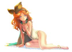 Rule 34 | 10s, 1girl, anklet, barefoot, blue eyes, blush, breasts, cleavage, full body, granblue fantasy, hair ribbon, hairband, jewelry, legs, long hair, orange hair, ribbon, rison, sara (granblue fantasy), simple background, solo, white background