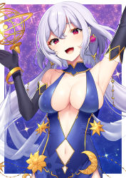 Rule 34 | 1girl, :d, akagi kurage, arm up, armpits, bare shoulders, black gloves, blue dress, blush, bracelet, breasts, center opening, character request, cleavage, collarbone, covered erect nipples, cowboy shot, crescent, dress, earrings, elbow gloves, gloves, highres, jewelry, large breasts, light particles, long hair, looking at viewer, low twintails, navel, open mouth, pink eyes, planet earrings, purple background, silver hair, sleeveless, sleeveless dress, smile, solo, sparkle, star (symbol), twintails, very long hair