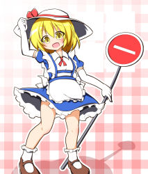 Rule 34 | 1girl, :d, adjusting clothes, adjusting headwear, blonde hair, blush, bobby socks, breasts, dress, elbow gloves, full body, gloves, hat, kana anaberal, legs, maid, mary janes, open mouth, road sign, senba chidori, shoes, short hair, sign, smile, socks, solo, sun hat, touhou, touhou (pc-98), white gloves, yellow eyes