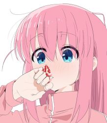 Rule 34 | 1girl, blood, blood on face, blue eyes, blush, bocchi the rock!, close-up, doublep0ints, gotoh hitori, jacket, long hair, long sleeves, looking down, nosebleed, pink hair, pink jacket, simple background, solo, track jacket, white background