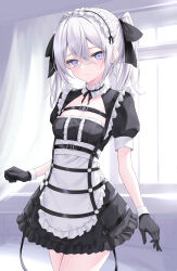 Rule 34 | 1girl, absurdres, apron, black bow, black dress, black gloves, black ribbon, blue eyes, blush, bow, breasts, buckle, cleavage cutout, closed mouth, clothing cutout, collarbone, commentary, cowboy shot, curtains, dress, frilled apron, frilled dress, frills, gloves, hair between eyes, hair bow, harness, highres, indoors, lis 111, long hair, looking at viewer, maid, maid headdress, neck ribbon, o-ring, puffy short sleeves, puffy sleeves, ribbon, short dress, short sleeves, sidelocks, small breasts, solo, symbol-only commentary, twintails, waist apron, white apron, white hair, window