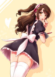 Rule 34 | 10s, 1girl, apron, blush, brown eyes, brown hair, chocolate, commentary request, dress, finger to mouth, food, from behind, half updo, highres, idolmaster, idolmaster cinderella girls, licking, licking finger, long hair, looking at viewer, looking back, maid, maid apron, maid headdress, one side up, open mouth, puffy sleeves, reco (fortunequest), shimamura uzuki, short sleeves, side ponytail, skirt, solo, thighhighs, tongue, tongue out, white thighhighs