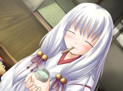 Rule 34 | 00s, 1girl, arima yuzu, bell, blush, closed eyes, dutch angle, food, food in mouth, game cg, japanese clothes, long hair, miko, mouth hold, nimura yuuji, non-web source, over (company), pretz in mouth, pretzel, solo, tsuki kagerou, white hair