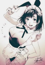 Rule 34 | 1girl, animal ears, apron, black hair, breasts, rabbit ears, cleavage, cowboy shot, cuffs, detached collar, fake animal ears, fishnets, frills, greyscale, hand on own hip, highres, kamiyama aya, large breasts, leotard, looking at viewer, medium hair, monochrome, open mouth, original, playboy bunny, skindentation, smile, solo