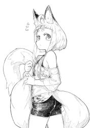 Rule 34 | 1girl, ^^^, ahoge, animal ear fluff, animal ears, ass, bike shorts, blunt bangs, blush, commentary request, cowboy shot, fox ears, fox girl, fox girl (jaco), fox tail, greyscale, holding own tail, jaco, long hair, long tail, looking at viewer, looking to the side, monochrome, off-shoulder shirt, off shoulder, original, shirt, short hair with long locks, sidelocks, simple background, solo, standing, tail, thick eyebrows, twisted torso, white background