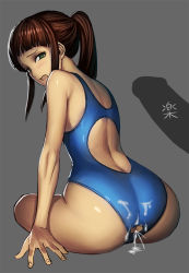 Rule 34 | 10s, 1boy, 1girl, after anal, aftersex, ass, back, bad id, bad pixiv id, blue one-piece swimsuit, blunt bangs, blush, brown hair, character name, competition swimsuit, cum, cum in ass, cum on ass, cum on clothes, cumdrip, erection, from behind, green eyes, grey background, hetero, ichijou raku, k2shh, long hair, looking at viewer, looking back, miyamoto ruri, nisekoi, one-piece swimsuit, open mouth, out of frame, penis, penis silhouette, ponytail, sidelocks, silhouette, simple background, sitting, solo focus, swimsuit, torn clothes, torn swimsuit