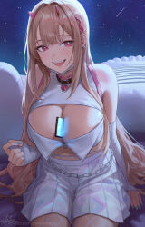 Rule 34 | 1girl, artist name, bare shoulders, blonde hair, blush, breasts, cleavage, cleavage cutout, clothing cutout, fishnet pantyhose, fishnets, goddess of victory: nikke, hair ornament, highres, large breasts, long hair, looking at viewer, nhaliz, night, night sky, open mouth, paid reward available, pantyhose, patreon username, pink eyes, signature, sitting, skirt, sky, smile, solo, star (sky), starry sky, thighs, viper (nikke), watermark, web address, white skirt, zipper