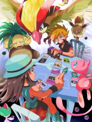 1boy 1girl black_shirt blue_oak brown_eyes brown_hair chair closed_mouth commentary_request creatures_(company) eevee exeggutor game_freak gen_1_pokemon gen_3_pokemon grin hat highres holding jewelry leaf_(pokemon) legendary_pokemon long_hair mew_(pokemon) mythical_pokemon necklace nintendo orange_hair pidgeot pokemon pokemon_(creature) pokemon_card pokemon_frlg pokemon_tcg pokemon_tcg_pocket ralts red_skirt shirt simple_background sitting skirt sleeveless smile spiked_hair table tofu_(tttto_f) twitter_username white_hat