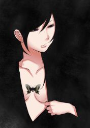 Rule 34 | 1girl, black eyes, black hair, blending, breasts, bug, butterfly, chagataaa, cleavage, clothes tug, collarbone, commentary request, frown, insect, looking to the side, medium breasts, original, plunging neckline, solo, upper body