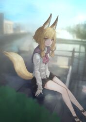 Rule 34 | 1girl, animal ear fluff, animal ears, black footwear, black skirt, blonde hair, blurry, blurry background, brown eyes, day, fox ears, fox girl, fox tail, long sleeves, looking at viewer, nito (nshtntr), original, outdoors, shirt, shoes, short hair with long locks, sitting, skirt, solo, tail, white shirt
