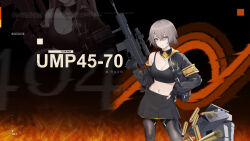 Rule 34 | .45-70, 1girl, 404 (girls&#039; frontline), absurdres, ammunition, armband, armor-piercing ammunition, black crop top, black gloves, black jacket, black pantyhose, black skirt, breasts, brown hair, bullet, cleavage, cowboy shot, crop top, girls&#039; frontline, girls&#039; frontline 2: exilium, gloves, gun, hair between eyes, hand on own hip, hand up, highres, holding, holding gun, holding weapon, hollow-point bullet, jacket, looking at viewer, medium breasts, navel, open clothes, open jacket, pantyhose, partially fingerless gloves, pleated skirt, rifle, rifle cartridge, scar, scar across eye, scope, second-party source, short hair, shuten (project sky), skirt, trigger discipline, ump45 (girls&#039; frontline), weapon, weapon name, yellow armband, yellow eyes, zoom layer