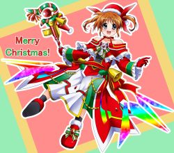 Rule 34 | 1girl, :d, adapted costume, adapted weapon, bell, black choker, black socks, bow, brown hair, choker, christmas, dress, english text, floating, footwear bow, frilled sleeves, frills, fur-trimmed footwear, fur trim, gem, gloves, green bow, green dress, hair ribbon, hat, highres, long dress, long hair, long sleeves, looking at viewer, lyrical nanoha, magical girl, mahou shoujo lyrical nanoha, merry christmas, multicolored clothes, multicolored dress, off-shoulder dress, off shoulder, open mouth, outline, purple eyes, red dress, red footwear, red gemstone, red gloves, red hat, red ribbon, red sash, ribbon, santa gloves, santa hat, sash, shoes, smile, socks, solo, takamachi nanoha, twintails, white outline, white ribbon, yorousa (yoroiusagi)