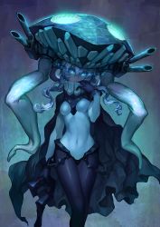 Rule 34 | 10s, 1girl, abyssal ship, bad id, bad pixiv id, blue eyes, blue theme, bodysuit, breasts, cape, gloves, glowing, glowing eyes, hat, headgear, kantai collection, long hair, looking at viewer, medium breasts, monster, monster girl, pale skin, pandinus, silver hair, solo, teeth, tentacles, wo-class aircraft carrier