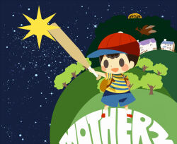 Rule 34 | 1boy, backpack, bag, baseball bat, black eyes, black hair, blue pants, blush stickers, brown bag, buzz buzz, chibi, copyright name, full body, hand on own hip, hitofutarai, holding, holding baseball bat, house, male focus, meteor, mother (game), mother 2, ness (mother 2), nintendo, open mouth, outstretched arm, pants, red footwear, red headwear, shirt, short hair, short sleeves, socks, solid oval eyes, solo, star (sky), striped clothes, striped shirt, tree, white socks