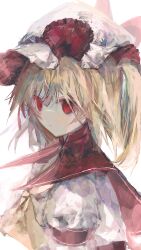 Rule 34 | 1girl, absurdres, amagi xx, ascot, blonde hair, bow, collar, flandre scarlet, hat, hat ribbon, highres, mob cap, red collar, red eyes, red vest, ribbon, sideways, sideways glance, solo, touhou, upper body, vest, white background, white headwear, yellow ascot