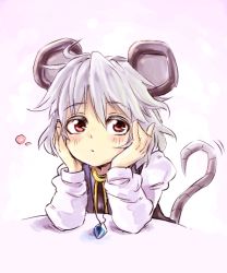 Rule 34 | 1girl, ahoge, animal ears, blush, bored, capelet, dress, face, female focus, gem, grey dress, grey hair, hands on own cheeks, hands on own face, harusame (unmei no ikasumi), head rest, jewelry, mouse ears, mouse tail, nazrin, necklace, pendant, red eyes, shirt, short hair, solo, tail, touhou