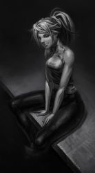 Rule 34 | 1girl, absurdres, bleach, breasts, dark skin, dark-skinned female, foton-ike, greyscale, highres, long hair, md5 mismatch, medium breasts, monochrome, ponytail, shihouin yoruichi, smile, solo, stitched, third-party edit
