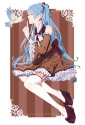 Rule 34 | 1girl, absurdres, ameitatsu, bird, blue hair, bracelet, detached sleeves, dress, closed eyes, garter straps, hatsune miku, highres, jewelry, long hair, ring, solo, striped, striped background, thighhighs, vertical stripes, vocaloid