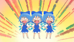 Rule 34 | 3girls, blue hair, bow, ccko612, chibi, cirno, crossover, hair bow, ice, ice wings, kill me baby, multiple girls, multiple persona, o o, open mouth, oribe yasuna, parody, ribbon, style parody, touhou, wings