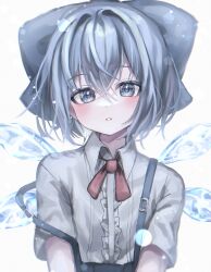 Rule 34 | 1girl, adapted costume, bloom, blue bow, blue dress, blue eyes, blue hair, blush, bow, buriburiman tanaka, center frills, cirno, commentary request, crossed bangs, d:, dress, frills, hair between eyes, hair intakes, head tilt, highres, ice, ice wings, light particles, looking at viewer, open mouth, parted lips, shirt, short hair, short sleeves, simple background, solo, strap slip, teeth, touhou, upper body, white background, white shirt, wing collar, wings