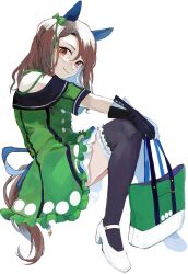 Rule 34 | 1girl, animal ears, bag, black gloves, black thighhighs, bow, brown eyes, brown hair, dress, ear covers, from side, gloves, green bag, green dress, hair bow, highres, holding, holding bag, horse ears, horse girl, horse tail, king halo (umamusume), long hair, looking at viewer, looking to the side, off-shoulder dress, off shoulder, red eyes, short sleeves, simple background, sitting, smile, solo, tail, thighhighs, tote bag, umamusume, white background, white footwear, xxks ss