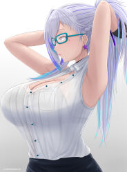 Rule 34 | 1girl, archstreal, armpit crease, armpit focus, armpits, arms up, bare shoulders, black choker, black gloves, black skirt, blue eyes, blue hair, breasts, choker, cleavage, closed mouth, earrings, glasses, gloves, grey hair, highres, jewelry, large breasts, long hair, mole, mole on breast, mole under eye, morgan le fay (fate), multicolored hair, office lady, original, ponytail, shirt, skirt, sleeveless, solo, star (symbol), star earrings, streaked hair, teacher, weiss schnee, white shirt