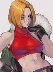 Rule 34 | 1girl, bare shoulders, black gloves, blonde hair, blue eyes, blue mary, bob cut, bomber jacket, crop top, fatal fury, gloves, highres, holding, holding clothes, holding jacket, jacket, unworn jacket, looking at viewer, midriff, navel, red shirt, shirt, short hair, sleeveless, sleeveless turtleneck, snk, solo, the king of fighters, turtleneck, uncle rabbit ii, upper body